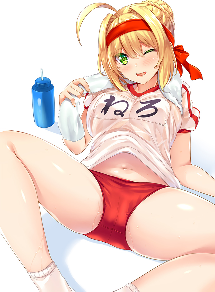 1girl ;) ahoge arm_support bangs bottle breasts buruma eyebrows_visible_through_hair fate/grand_order fate_(series) gym_shirt gym_uniform hair_between_eyes hair_intakes hinata_sora large_breasts looking_at_viewer lying name_tag navel on_back one_eye_closed open_mouth red_buruma saber_extra shadow shirt smile socks solo spread_legs t-shirt thighs towel towel_around_neck tsurime water_bottle wet white_legwear white_shirt