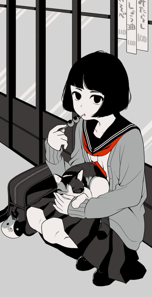 1girl bag black_hair cat charm_(object) commentary_request food greyscale holding_cat loafers long_sleeves looking_at_viewer monochrome neckerchief nerinerinerino original pleated_skirt red_neckerchief sailor_collar school_bag shoes short_hair skirt solo spot_color squatting white_skin