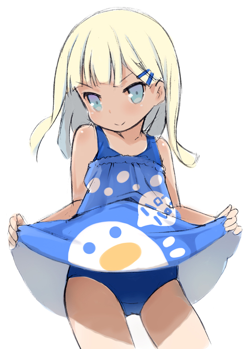 1girl bangs bare_arms bare_shoulders blonde_hair blue_dress blue_eyes blue_swimsuit blush closed_mouth cowboy_shot dress dress_lift eyebrows_visible_through_hair hair_ornament hairclip holding kurasuke lifted_by_self long_hair looking_at_viewer original school_swimsuit simple_background sketch smile solo strapless strapless_dress swimsuit swimsuit_under_clothes white_background