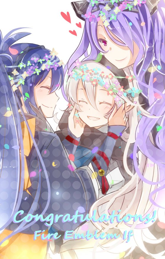 3girls blue_hair camilla_(fire_emblem_if) closed_eyes female_my_unit_(fire_emblem_if) fire_emblem fire_emblem_if hair_over_one_eye head_wreath multiple_girls my_unit_(fire_emblem_if) oboro_(fire_emblem_if) pointy_ears purple_hair rojiura-cat siblings smile violet_eyes white_hair