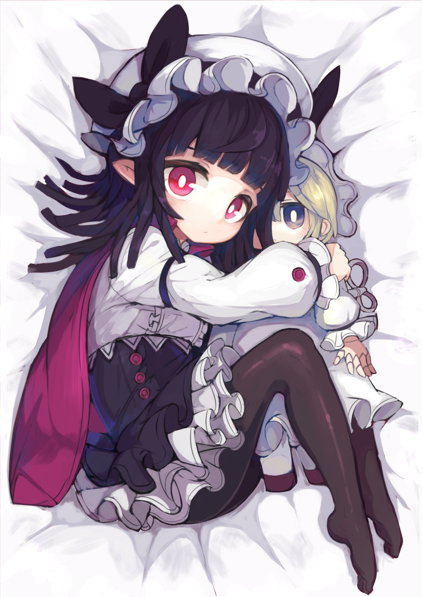 1girl ahoge bangs black_hair black_legwear black_skirt blonde_hair blue_eyes blunt_bangs bonnet cape closed_mouth commentary_request doll dress frilled_skirt frills from_above gatakigi_gama headdress highres long_hair long_sleeves looking_at_viewer lying no_shoes object_hug on_bed on_side original pantyhose pink_cape pink_eyes pointy_ears shirt skirt solo white_shirt