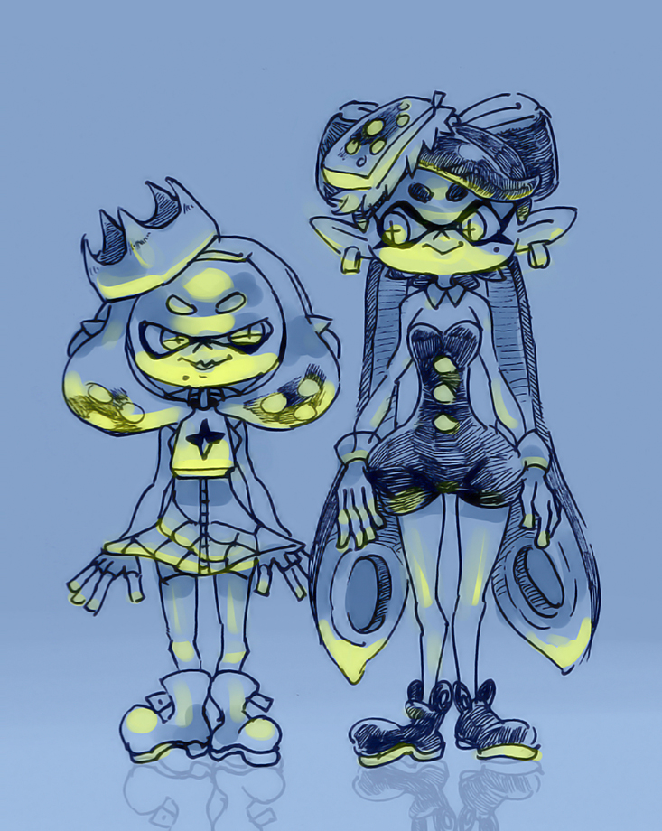 2girls aori_(splatoon) crown detached_collar domino_mask dress fingerless_gloves food food_on_head gloves hime_(splatoon) m10shangrila mask mole mole_under_mouth multiple_girls object_on_head pantyhose pointy_ears short_jumpsuit sleeveless smile splatoon splatoon_2 strapless strapless_dress tentacle_hair unitard white_hair zipper