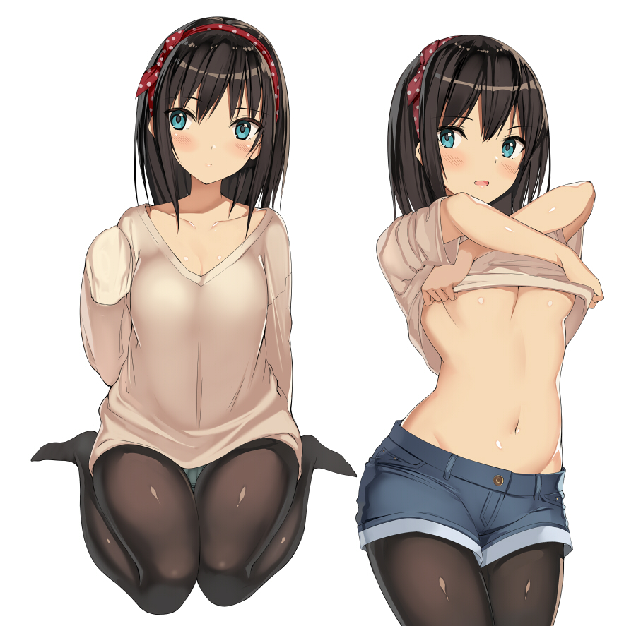 1girl black_hair black_legwear blue_eyes blush breasts cleavage hairband kureha_(ironika) legwear_under_shorts looking_at_viewer medium_breasts multiple_views navel no_bra open_mouth original pantyhose pantyhose_under_shorts polka_dot shiny shiny_hair shirt shirt_lift short_hair short_shorts shorts simple_background sitting sleeves_past_wrists under_boob undressing wariza white_background