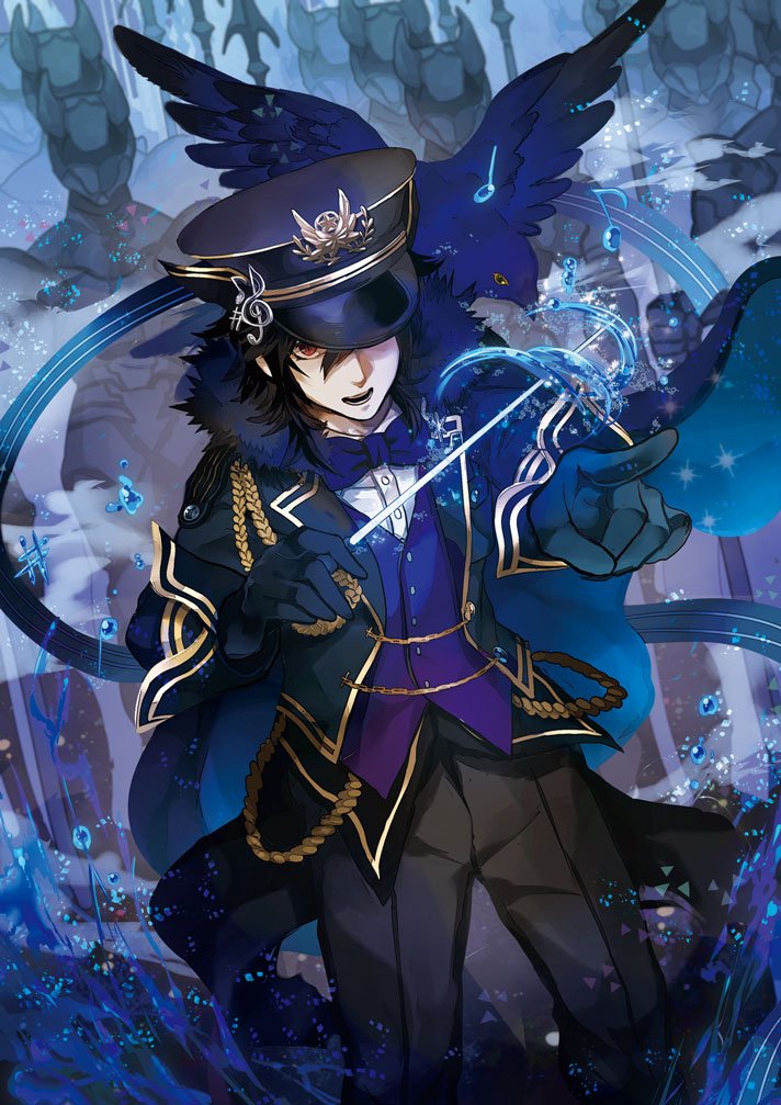 1boy bird black_hair bow bowtie faceless faceless_male force_of_will fur_trim gloves hat helmet male_focus military_hat musical_note official_art open_mouth polearm red_eyes spear teeth wand water weapon