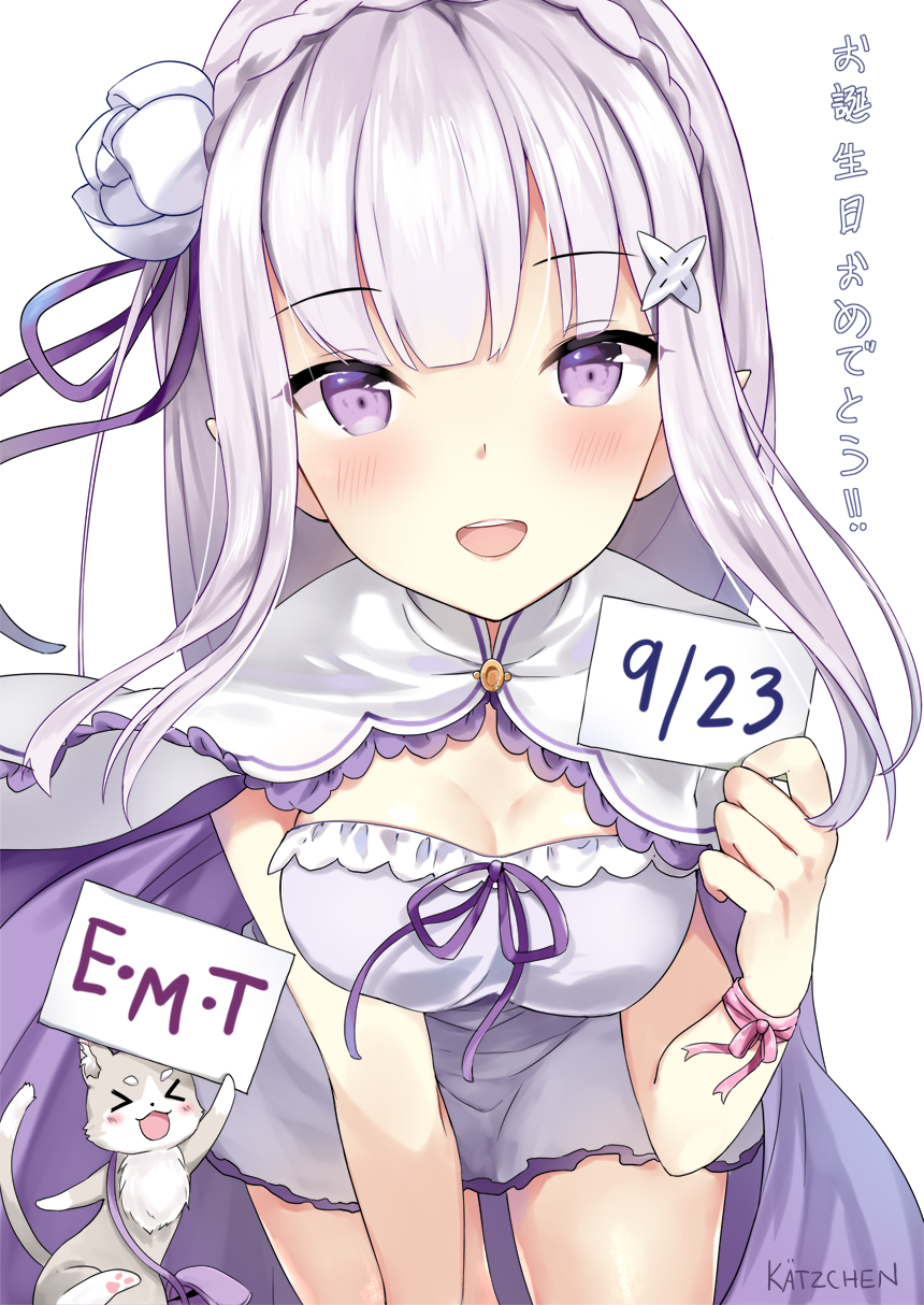 1girl all_fours blush breasts cleavage emilia_(re:zero) flower hair_ornament happy_birthday highres kaetzchen lavender_hair long_hair looking_at_viewer medium_breasts open_mouth puck_(re:zero) purple_ribbon re:zero_kara_hajimeru_isekai_seikatsu ribbon smile solo violet_eyes white_background