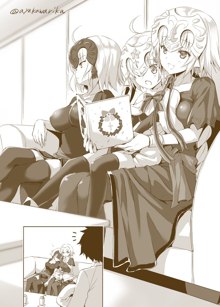 1boy 3girls ahoge ayakawa_riku blush breasts capelet character_request commentary_request fate/grand_order fate_(series) finger_to_mouth fujimaru_ritsuka_(male) head_on_shoulder headpiece jeanne_alter jeanne_alter_(santa_lily)_(fate) lap_pillow large_breasts legs_crossed medium_breasts monochrome multiple_girls ribbon ruler_(fate/apocrypha) short_hair shushing sitting sitting_on_lap sitting_on_person small_breasts smile thigh-highs twitter_username wreath