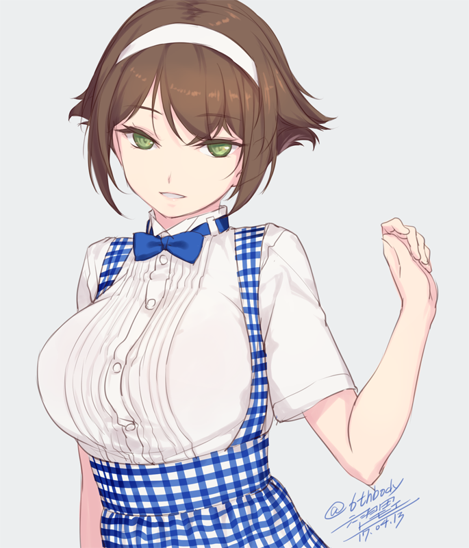 10s 1girl alternate_costume arm_up blue_bow blue_neckwear bow bowtie breasts brown_hair buttons checkered checkered_dress commentary_request dated dirndl dress german_clothes getsuyoubi_no_tawawa green_eyes grey_background headband kantai_collection koubeya_uniform large_breasts looking_at_viewer mutsu_(kantai_collection) parted_lips rokuwata_tomoe short_sleeves simple_background solo underbust upper_body white_dress