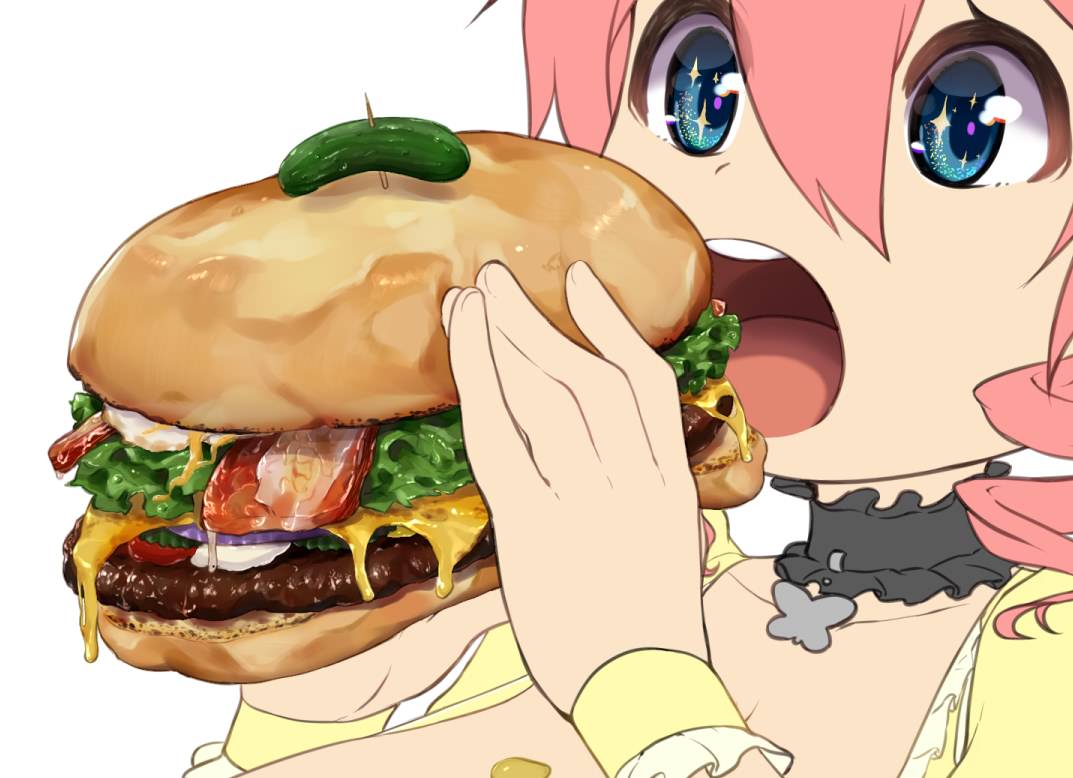 1girl blue_eyes breasts choker cleavage close-up commentary_request drill_hair eating food hair_between_eyes hamburger huge_breasts long_hair magister_(medical_whiskey) open_mouth original pink_hair sakuraba_himari solo sparkling_eyes twin_drills wrist_cuffs