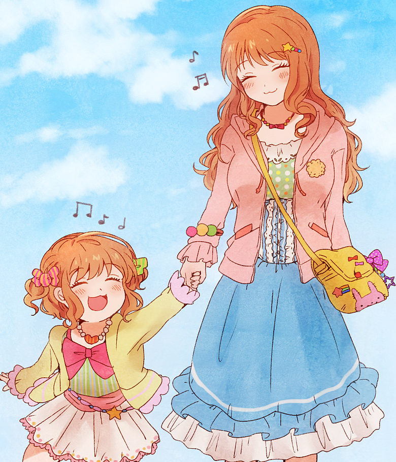 2girls :3 :d ^_^ arm_at_side bag belt blue_skirt blue_sky blush bow bracelet brown_hair candy_hair_ornament child closed_eyes clouds cloudy_sky day dual_persona eyebrows_visible_through_hair eyelashes facing_another food_themed_hair_ornament frilled_jacket frilled_skirt frills green_shirt gurumi_mami hair_ornament hand_holding handbag heart heart_necklace idolmaster idolmaster_cinderella_girls jacket jewelry lace lace-trimmed_shirt long_hair long_skirt miniskirt moroboshi_kirari multiple_girls music musical_note necklace open_mouth outdoors patch pink_bow pink_jacket pocket polka_dot polka_dot_bow polka_dot_shirt purple_bow red_bow shirt short_hair short_twintails singing skipping skirt sky smile star star_hair_ornament striped striped_shirt time_paradox twintails wavy_hair white_skirt yellow_jacket younger