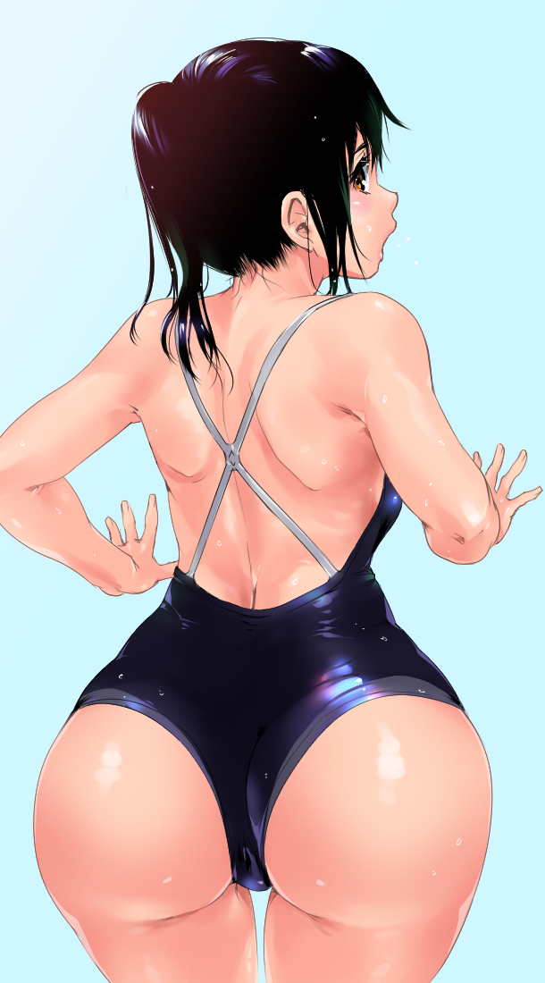 1girl aqua_background ass black_hair brown_eyes commentary_request competition_school_swimsuit cowboy_shot from_behind long_hair looking_at_viewer looking_back one-piece_swimsuit open_mouth original ponytail profile shiny shiny_clothes shiny_hair shiny_skin simple_background sketch solo swimsuit teoshiguruma wet