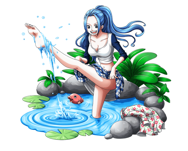 1girl :d barefoot black_eyes blue_hair breasts cleavage collarbone feet floating_hair long_hair medium_breasts midriff miniskirt navel nefertari_vivi one_piece open_mouth ponytail shirt skirt skirt_lift smile soles solo standing standing_on_one_leg stomach toes transparent_background very_long_hair wading water white_shirt