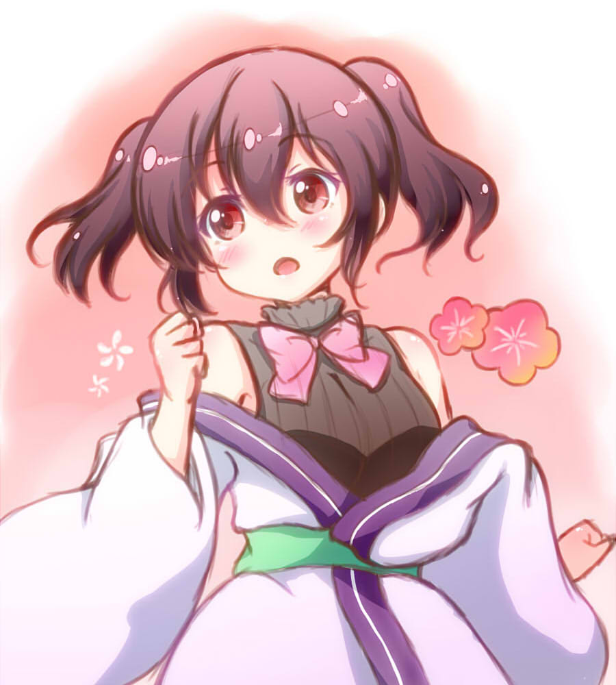 1girl :o banderasu bare_shoulders black_hair black_sweater blush bow bowtie clenched_hands commentary_request eyebrows_visible_through_hair flower hair_between_eyes hand_up head_tilt japanese_clothes kimono long_hair long_sleeves looking_away looking_to_the_side obi off_shoulder open_mouth pink_bow pink_bowtie red_eyes ribbed_sweater sash short_twintails solo sweater sweater_vest turtleneck turtleneck_sweater twintails upper_body urara_meirochou white_kimono wide_sleeves yukimi_koume