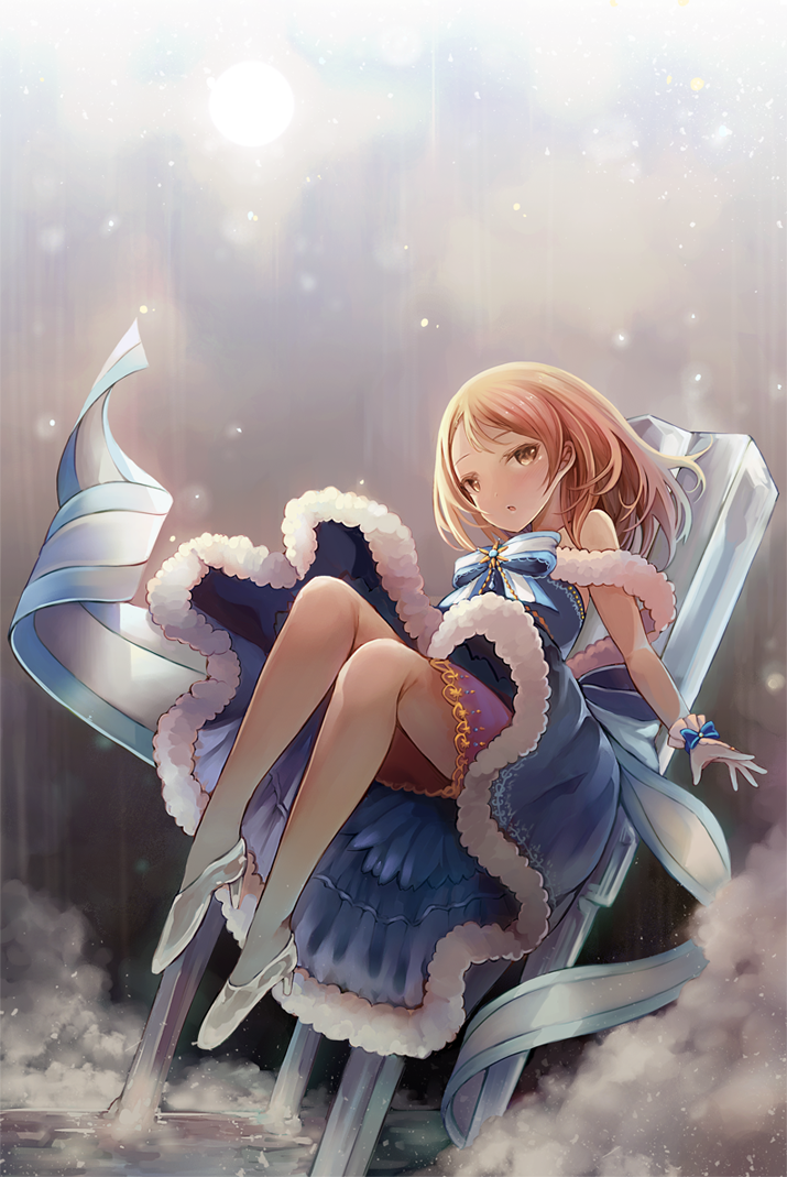 1girl arms_at_sides bangs bare_legs bare_shoulders blue_bow blue_dress blue_neckwear blush bow bowtie broken_pillar dot_nose dress dust dust_cloud floating fur-trimmed_dress fur_trim glass_slipper glove_bow gloves gold_trim heri high_heels houjou_karen huge_bow idolmaster idolmaster_cinderella_girls jewelry knees_up light_particles long_dress long_hair looking_at_viewer miniskirt open_mouth orange_hair pillar purple_skirt skirt solo sun white_gloves yellow_eyes