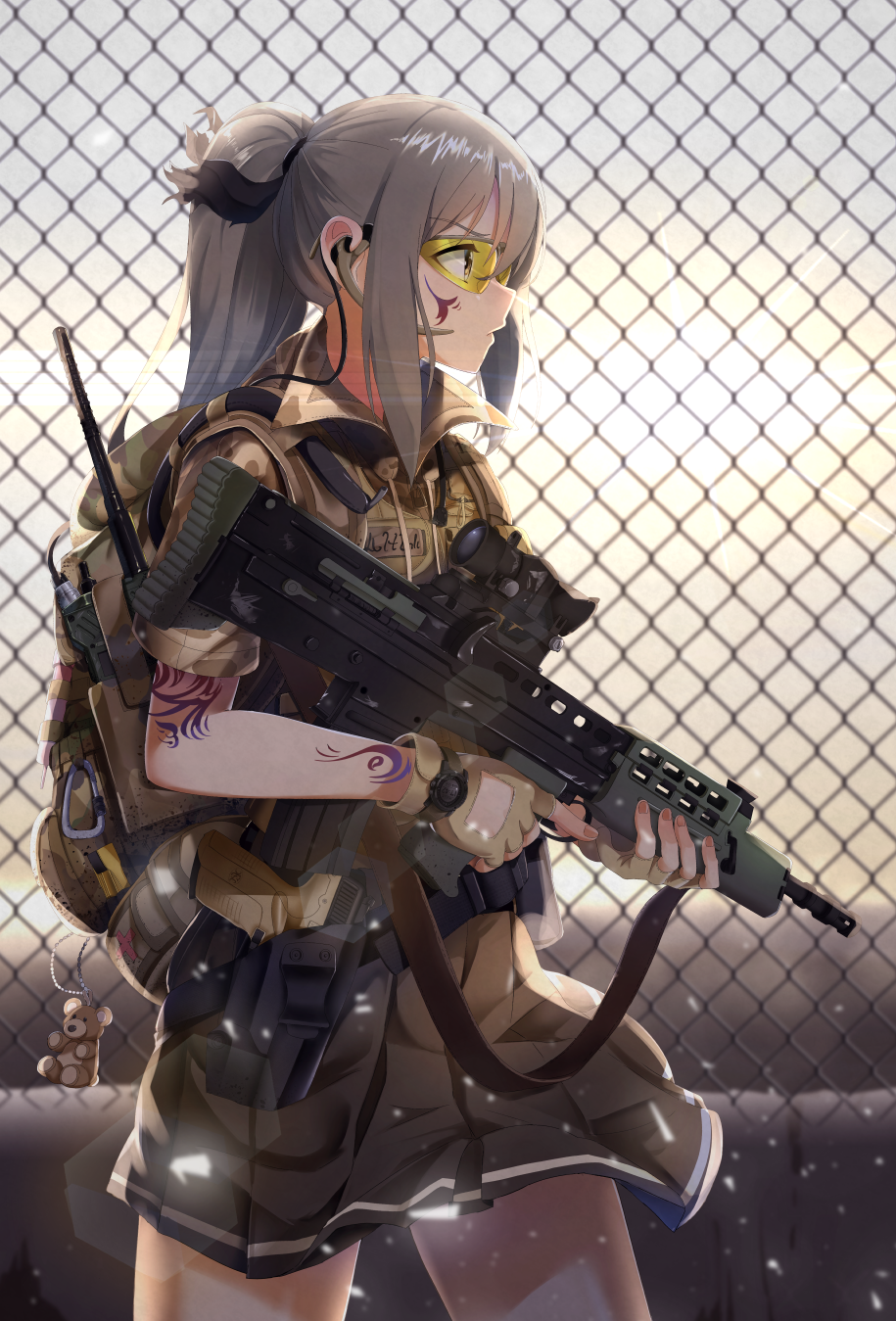 1girl assault_rifle backpack bag bag_charm black_skirt brown_gloves casino_(casinoep) chain-link_fence charm_(object) closed_mouth commentary_request cowboy_shot fence fingerless_gloves from_behind gloves goggles grey_hair gun headset highres holding holding_gun holding_weapon l85 lens_flare load_bearing_vest long_hair military original outdoors pleated_skirt ponytail profile revision rifle scope short_sleeves sidelocks skirt solo tattoo trigger_discipline weapon yellow_eyes