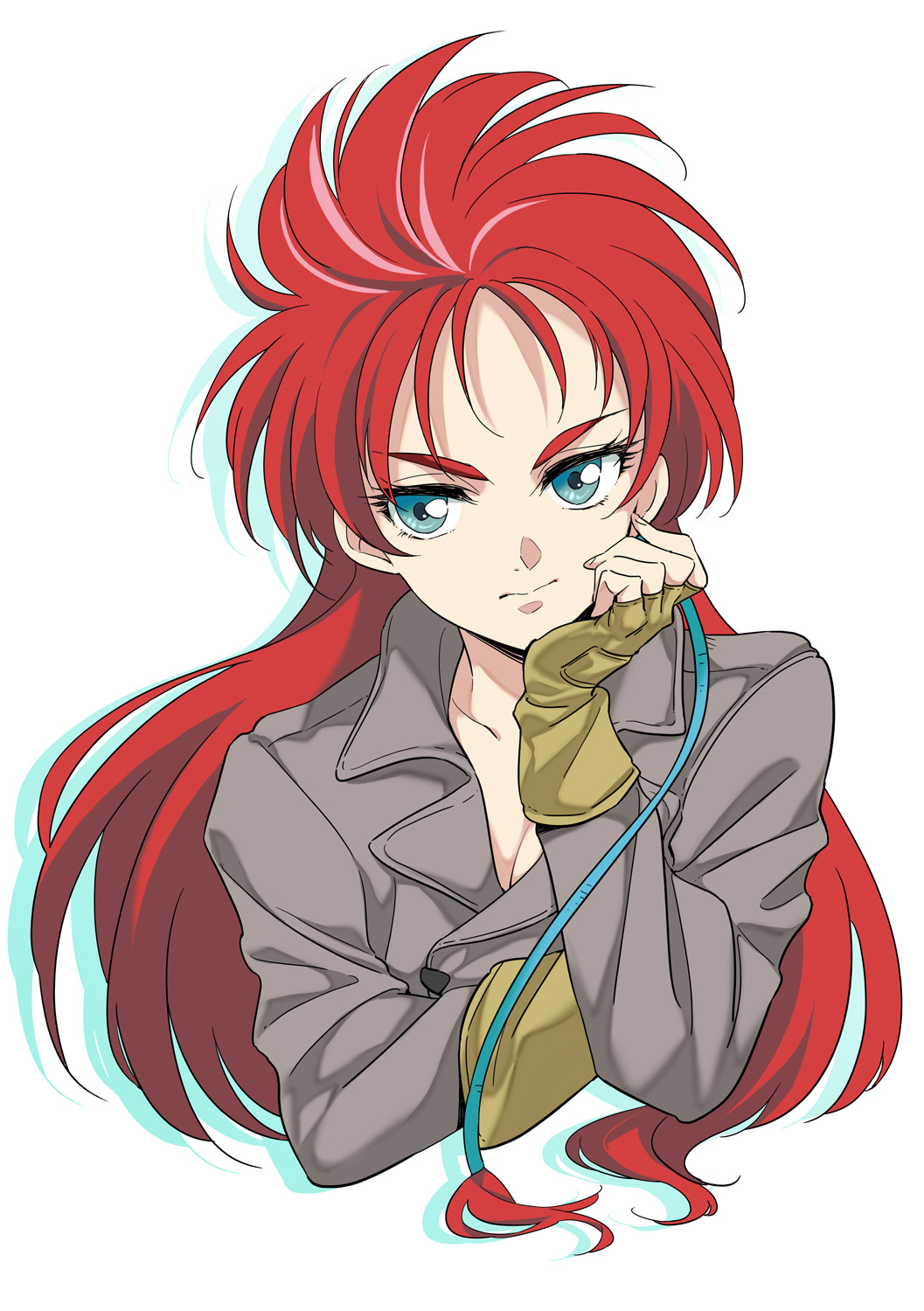 &gt;:| 1girl agahari bangs blue_eyes breasts chin_rest cleavage closed_mouth copyright_request fingerless_gloves gloves grey_jacket highres jacket long_hair long_sleeves looking_at_viewer redhead simple_background solo white_background