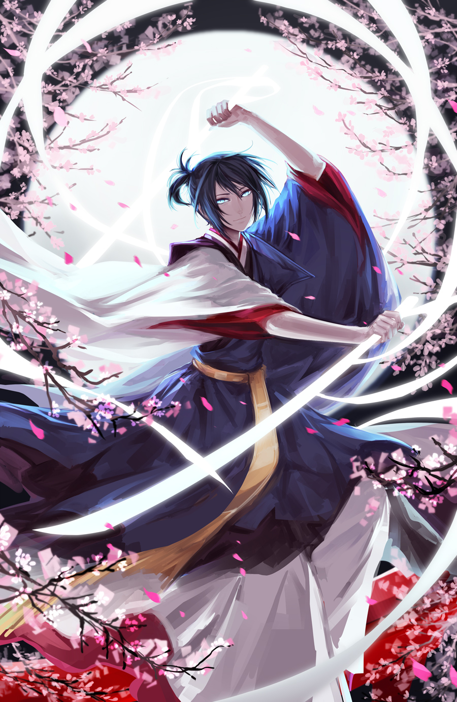 1boy avodkabottle bangs blue_eyes blue_hair cherry_blossoms closed_mouth commentary full_moon hair_between_eyes hand_up highres holding holding_sword holding_weapon japanese_clothes kimono long_sleeves looking_at_viewer male_focus moon night noragami ponytail smile solo sword weapon wide_sleeves yato_(noragami)