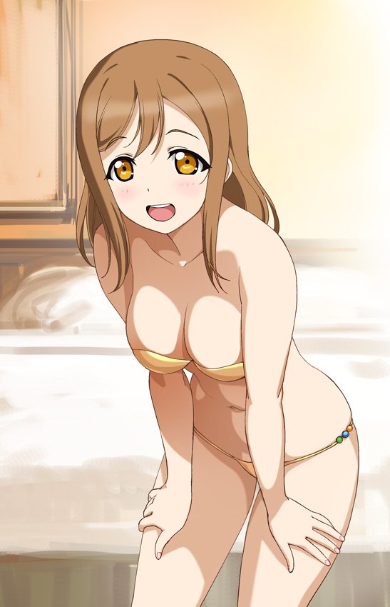 1girl :d a1 bandeau bare_shoulders bed bedroom bikini blush breasts brown_eyes brown_hair cowboy_shot cute hands_on_own_thighs indoors kunikida_hanamaru leaning_forward long_hair looking_at_viewer love_live! love_live!_sunshine!! medium_breasts medium_hair navel open_mouth smile solo standing swimsuit yellow_bikini