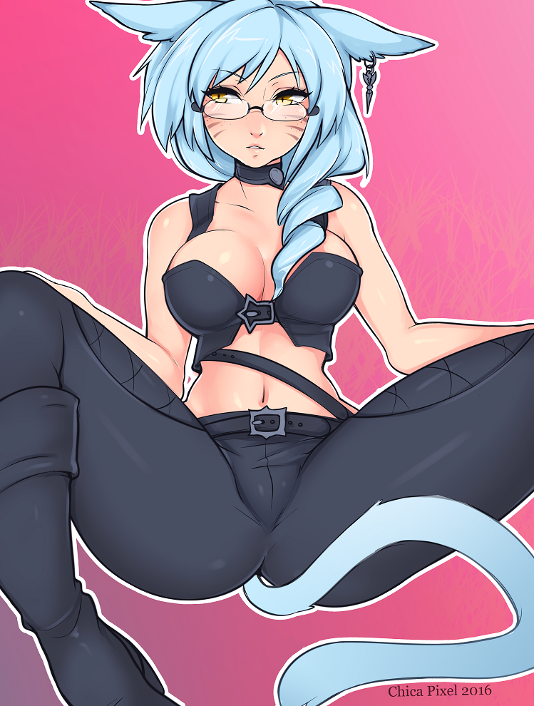 1girl 2016 animal_ears aqua_hair artist_name belt black_footwear boots breasts cat_ears cat_tail chicapixel choker cleavage facial_mark final_fantasy final_fantasy_xiv glasses jewelry large_breasts looking_to_the_side midriff miqo'te navel single_earring slit_pupils solo spread_legs tail whisker_markings yellow_eyes