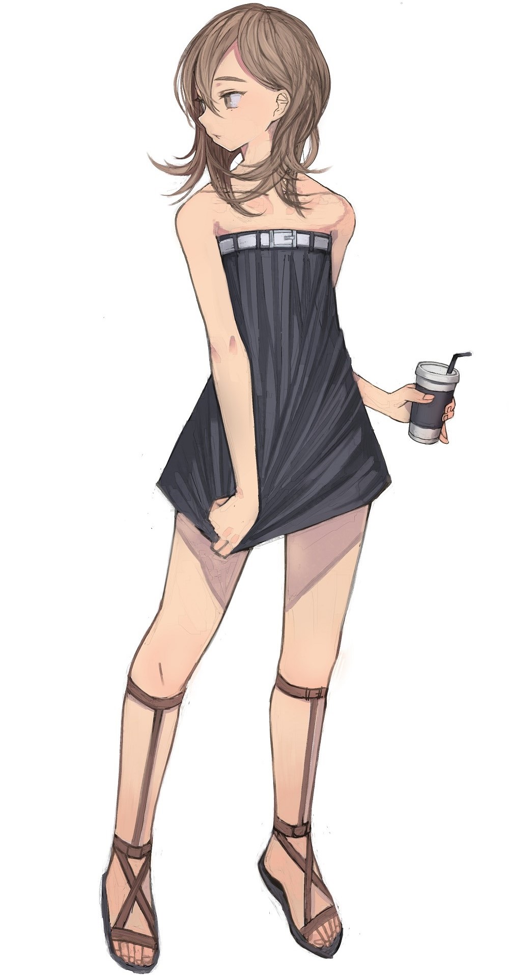 1girl bare_shoulders brown_eyes brown_hair collarbone dress drink drinking_straw full_body gladiator_sandals highres long_hair original sandals simple_background solo white_background window1228