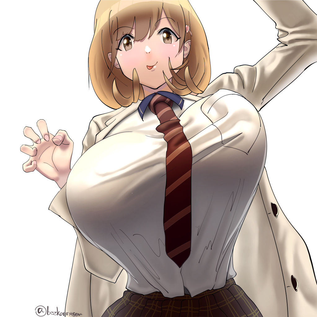 1girl :p baconegg bouncing_breasts breasts brown_eyes brown_hair hair_ornament hairclip heart_hair_ornament huge_breasts labcoat looking_at_viewer narusawa_ryouka necktie occultic;nine plaid plaid_skirt short_hair simple_background skirt solo tongue tongue_out twitter_username white_background