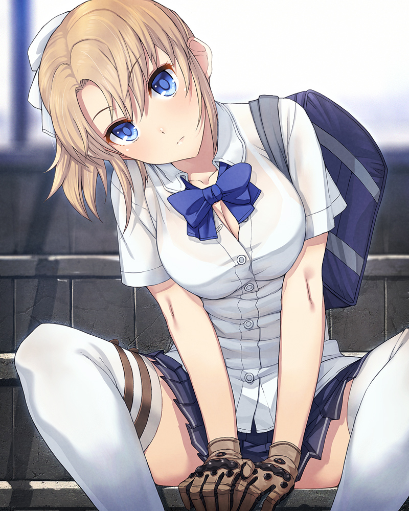 1girl bag bangs between_legs blonde_girl_(itou) blonde_hair blue_eyes bow bra breasts brown_gloves buttons cleavage closed_mouth collarbone cowboy_shot eyebrows_visible_through_hair gloves hair_ribbon hand_between_legs head_tilt itou_(onsoku_tassha) large_breasts looking_at_viewer original outdoors parted_bangs partially_unbuttoned pleated_skirt ponytail ribbon school_bag school_uniform see-through shirt short_sleeves shoulder_bag sitting skirt solo thigh-highs thigh_strap underwear v_arms white_bra white_legwear zettai_ryouiki