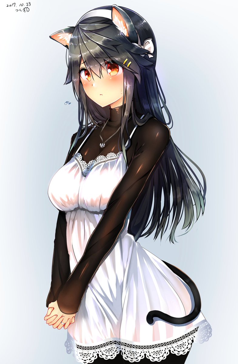 1girl :&lt; alternate_costume animal_ears bangs black_hair black_shirt blush breasts brown_eyes cat_ears cowboy_shot dress expressionless hair_ornament hairband hairclip hands_clasped haruna_(kantai_collection) highres jewelry kantai_collection lace lace-trimmed_dress large_breasts long_hair long_sleeves necklace pantyhose red_eyes ring shirt solo sundress sweatdrop tsukui_kachou turtleneck undershirt wedding_band white_dress white_hairband