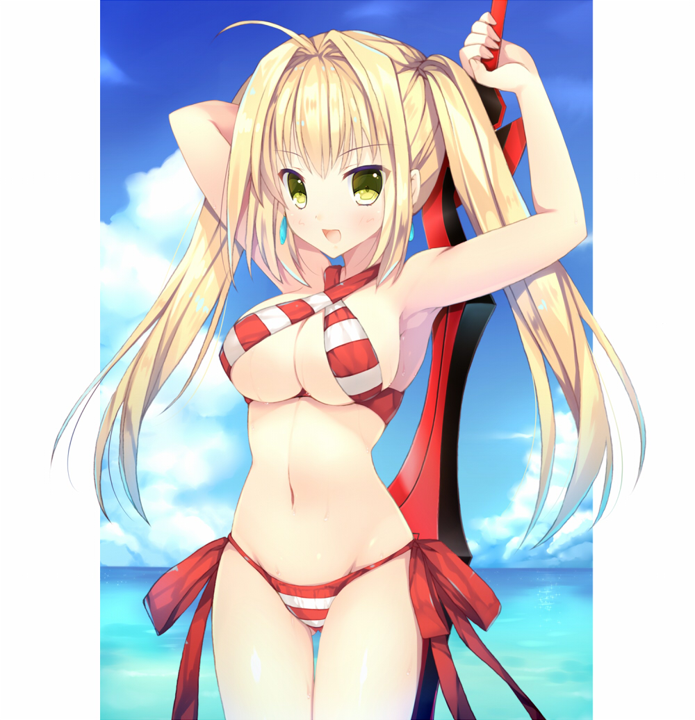 1girl aestus_estus ahoge armpits bikini blonde_hair blue_sky blush breasts clouds day fate/grand_order fate_(series) green_eyes holding holding_sword holding_weapon horizon long_hair looking_at_viewer medium_breasts navel nero_claudius_(swimsuit_caster)_(fate) ocean open_mouth saber_extra side-tie_bikini sky solo striped striped_bikini swimsuit sword twintails weapon yatano
