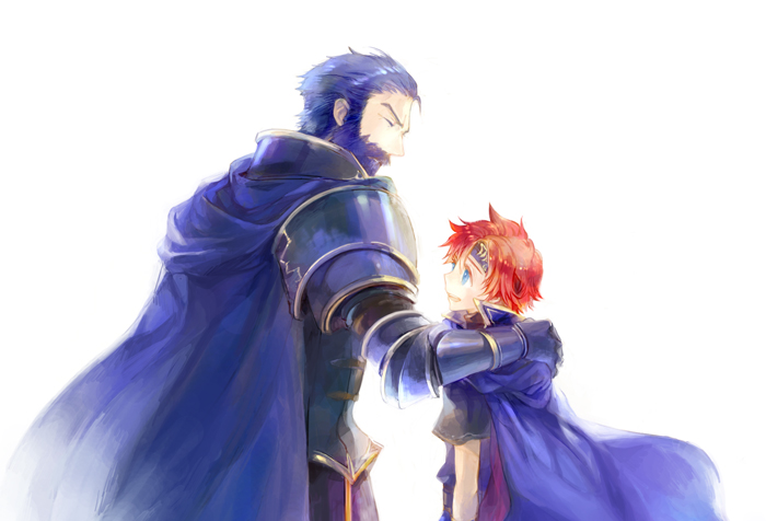 2boys armor beard blue_eyes blue_hair cape closed_eyes facial_hair fire_emblem fire_emblem:_fuuin_no_tsurugi fire_emblem:_rekka_no_ken gloves headband hector_(fire_emblem) kuzumosu male_focus multiple_boys older redhead roy_(fire_emblem) short_hair smile