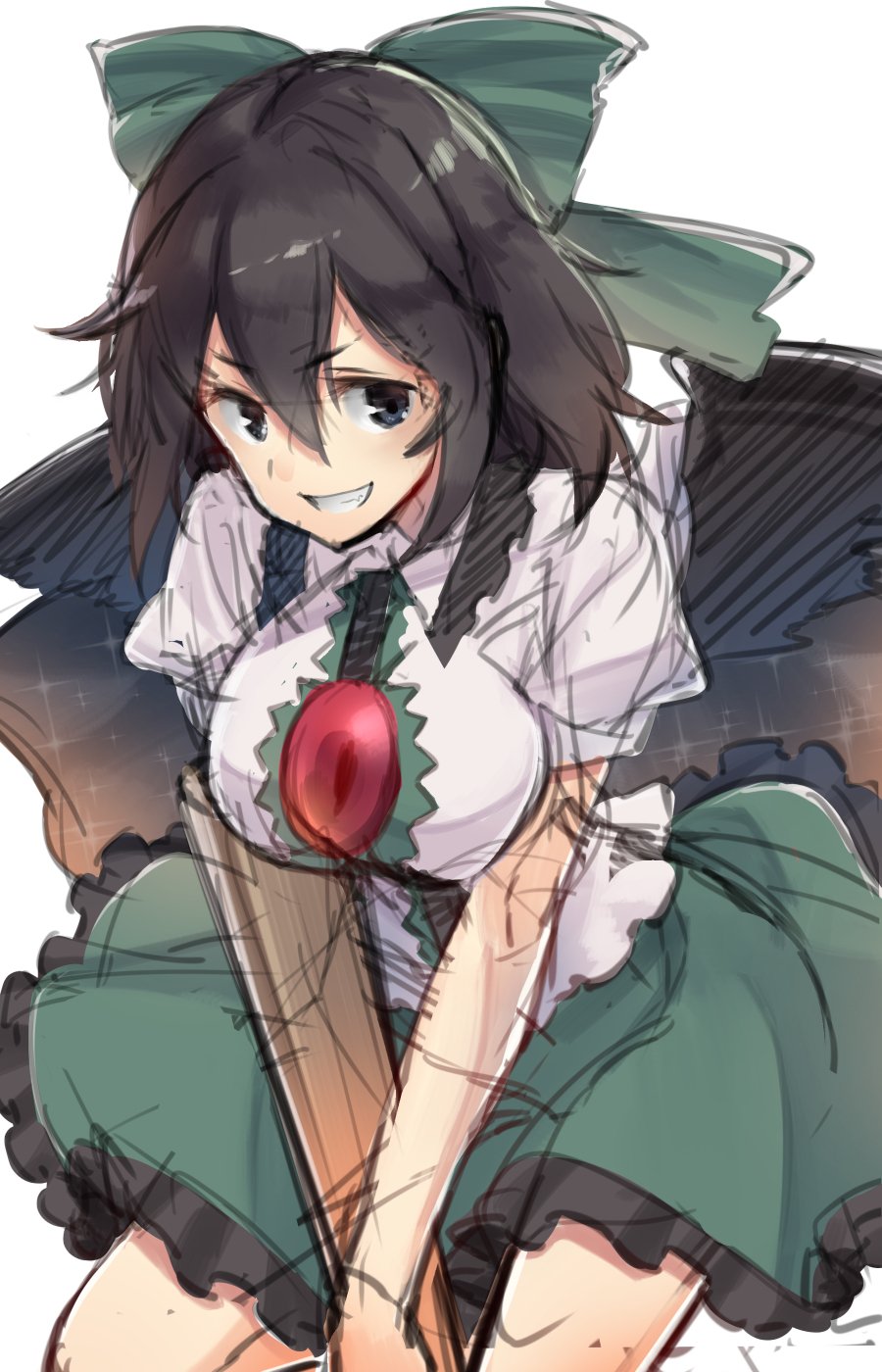 &gt;:d 1girl :d bangs black_eyes black_hair bow breasts control_rod cowboy_shot eyebrows_visible_through_hair green_bow green_skirt hair_between_eyes hair_bow highres looking_at_viewer medium_breasts open_mouth reiuji_utsuho short_sleeves simple_background skirt smile solo sparkle third_eye touhou usotsuki_penta white_background wings