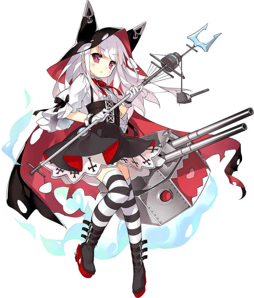 1girl anchor aura azur_lane belt black_footwear blush boots cannon cape cross erebus_(bilan_hangxian) gloves holding holding_weapon hood looking_at_viewer medium_hair official_art polearm red_eyes ribbon saru solo spear stripped thigh-highs torn_cape transparent_background weapon white_gloves white_hair