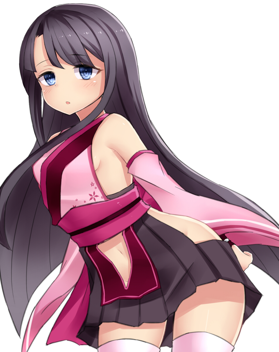 1girl armpits arms_behind_back black_hair blue_eyes breasts commentary_request cowboy_shot detached_sleeves highres japanese_clothes long_hair looking_at_viewer navel navel_cutout neit_ni_sei no_bra no_panties obi open_mouth original pleated_skirt sash shiny shiny_skin sideboob sidelocks skirt small_breasts solo tareme thigh-highs white_background wide_sleeves