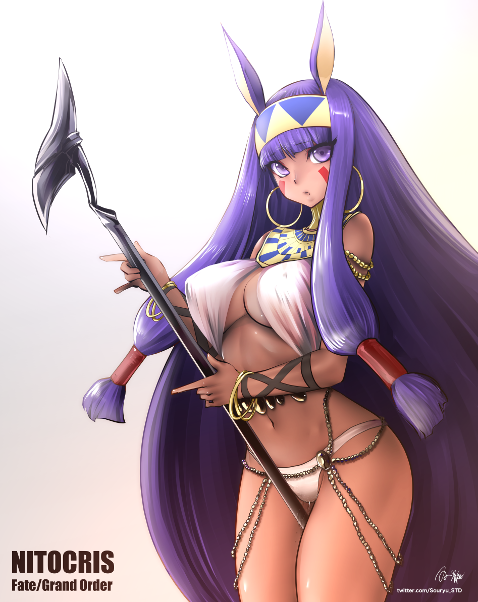 1girl bangs bare_shoulders blunt_bangs bracelet breasts character_name commentary copyright_name cowboy_shot dark_skin earrings egyptian egyptian_clothes facial_mark fate/grand_order fate_(series) hairband hoop_earrings jackal_ears jewelry large_breasts long_hair looking_at_viewer navel nitocris_(fate/grand_order) panties parted_lips purple_hair sidelocks solo souryu staff stomach twitter_username underwear very_long_hair violet_eyes white_panties