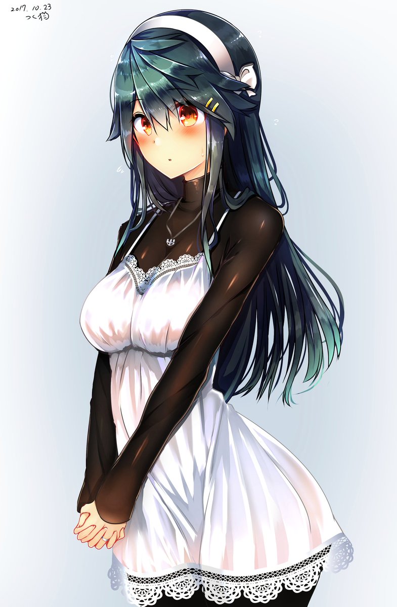 1girl alternate_costume bangs black_hair black_shirt blush breasts brown_eyes cowboy_shot dress expressionless hair_ornament hairband hairclip hands_clasped haruna_(kantai_collection) highres jewelry kantai_collection lace lace-trimmed_dress large_breasts long_hair long_sleeves necklace pantyhose red_eyes ring shirt solo sundress tsukui_kachou turtleneck undershirt wedding_band white_dress white_hairband