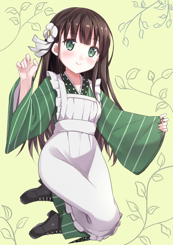 1girl ama_usa_an_uniform apron bangs black_footwear blunt_bangs boots brown_hair commentary_request eyebrows_visible_through_hair flower full_body getou gochuumon_wa_usagi_desu_ka? green_eyes green_kimono hair_flower hair_ornament japanese_clothes kimono long_hair long_sleeves looking_at_viewer maid_apron polka_dot_trim ribbon solo striped striped_kimono ujimatsu_chiya white_apron white_flower white_ribbon wide_sleeves