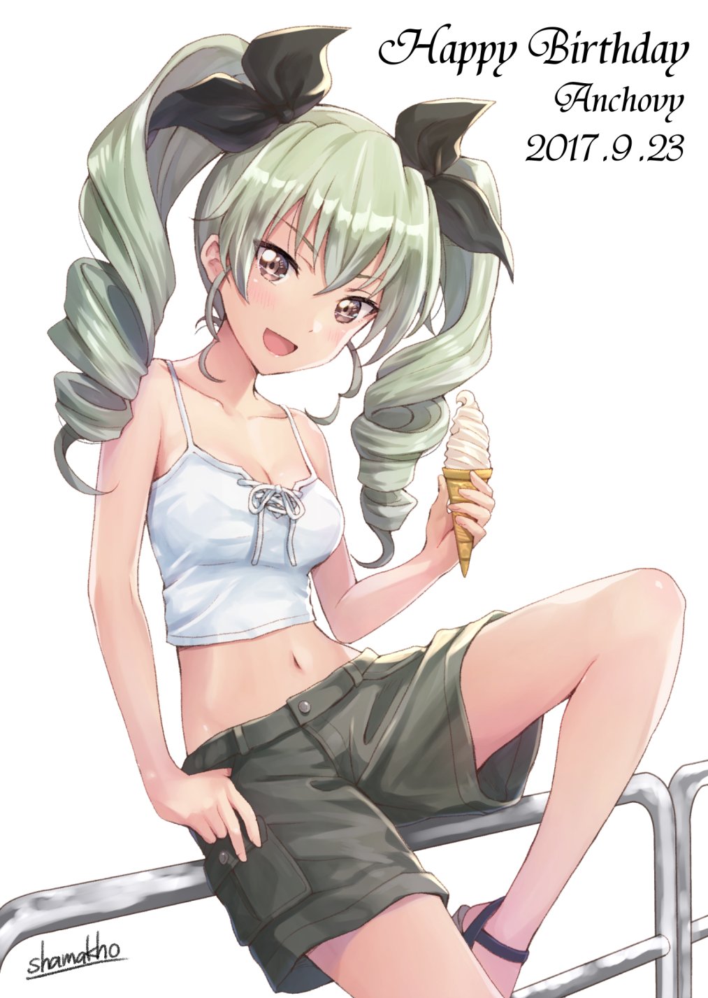 1girl anchovy artist_name bare_shoulders black_ribbon blush breasts cargo_shorts character_name cleavage dated drill_hair food girls_und_panzer hair_ribbon happy_birthday highres ice_cream ice_cream_cup looking_at_viewer medium_breasts midriff navel railing ribbon shamakho shorts sitting_on_railing smile soft_serve solo thumb_in_pocket twin_drills twintails violet_eyes white_background