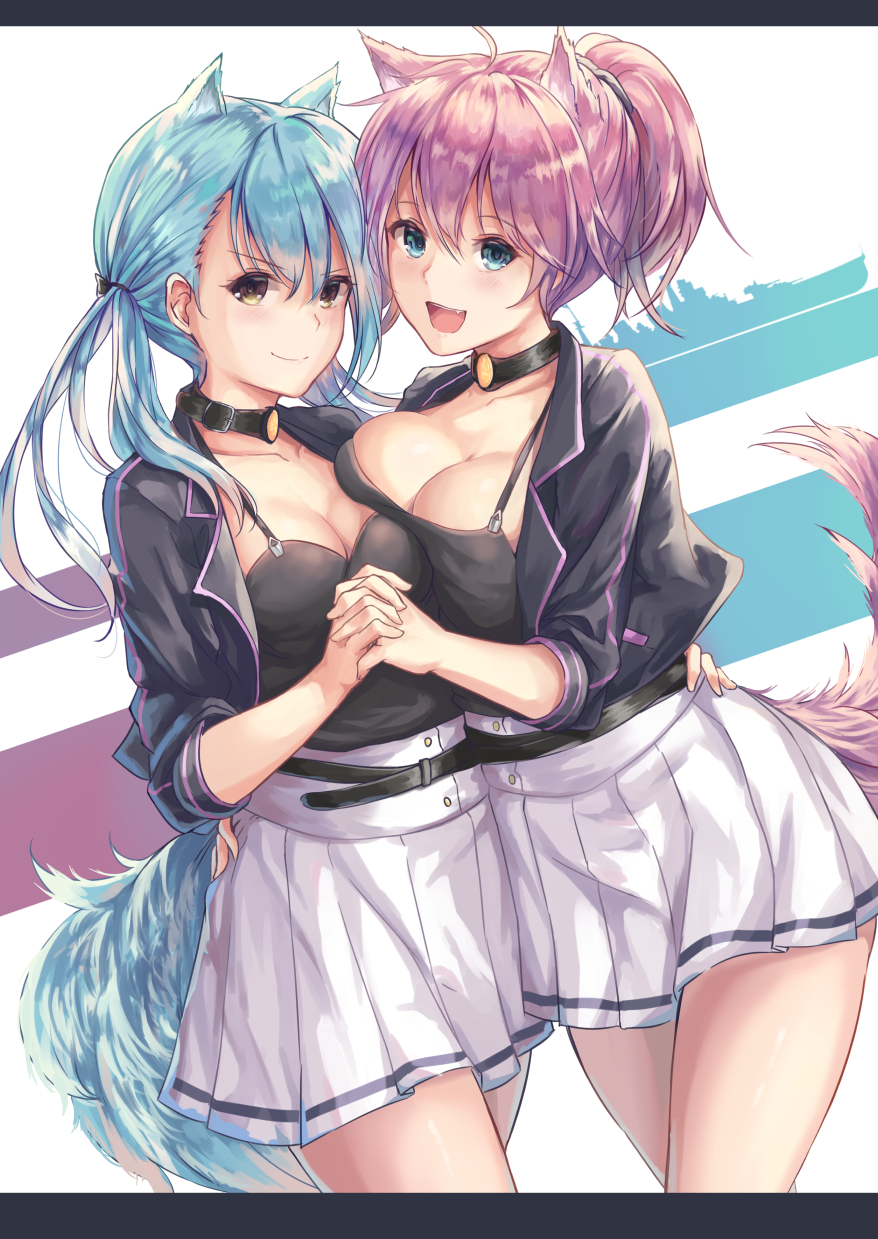 &gt;:) 2girls :d alternate_costume animal_ears aoba_(azur_lane) aoba_(azur_lane)_(cosplay) aoba_(kantai_collection) arm_around_waist asymmetrical_docking azur_lane bangs black_jacket black_shirt blue_eyes blue_hair blush breast_press breasts brown_eyes buckle cleavage closed_mouth collar cosplay cowboy_shot crossover eyebrows_visible_through_hair fox_ears fox_tail hand_on_another's_hip highres interlocked_fingers jacket kantai_collection kemonomimi_mode large_breasts letterboxed long_hair looking_at_viewer low_twintails matching_outfit medium_breasts multiple_girls namesake open_clothes open_jacket open_mouth pink_hair pleated_skirt revision shirt short_hair skirt smile standing tail tama_satou tareme twintails white_skirt