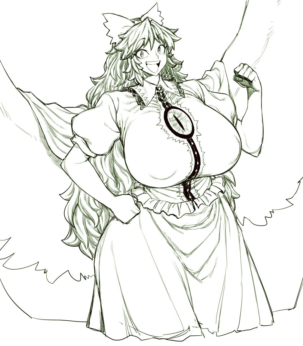 1girl breasts clenched_hand commentary commentary_request erect_nipples hair_ribbon hand_on_hip highres huge_breasts long_hair looking_at_viewer monochrome open_mouth reiuji_utsuho ribbon skirt smile solo space_jin standing third_eye touhou white_background wings