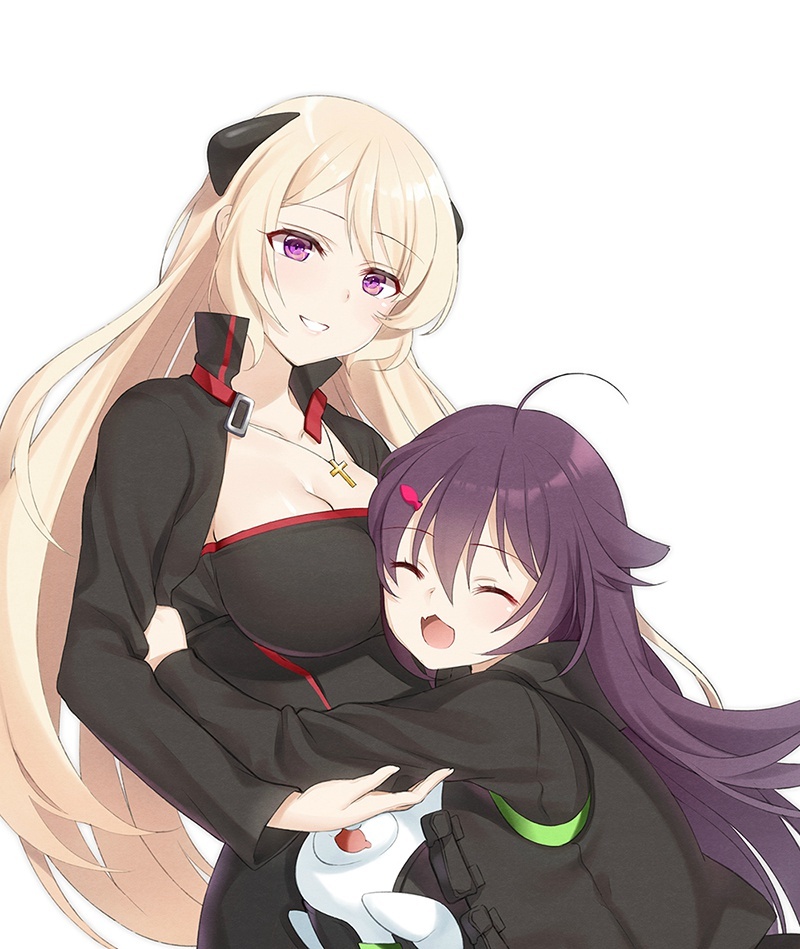 2girls ahoge blonde_hair breasts cleavage closed_eyes collarbone commentary cross cross_necklace crushed g3_(girls_frontline) girls_frontline hair_ornament hug jacket jewelry large_breasts long_hair multiple_girls necklace open_mouth p226_(girls_frontline) purple_hair seal smile vest violet_eyes white_background