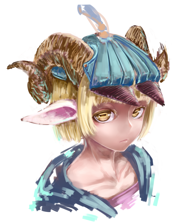 1girl bangs blonde_hair blue_hat blue_jacket blunt_bangs closed_mouth goat_ears goat_girl goat_horns hat horizontal_pupils horns jacket jaco looking_at_viewer monster_girl multiple_horns original pink_shirt portrait shirt short_hair simple_background sketch solo white_background yellow_eyes