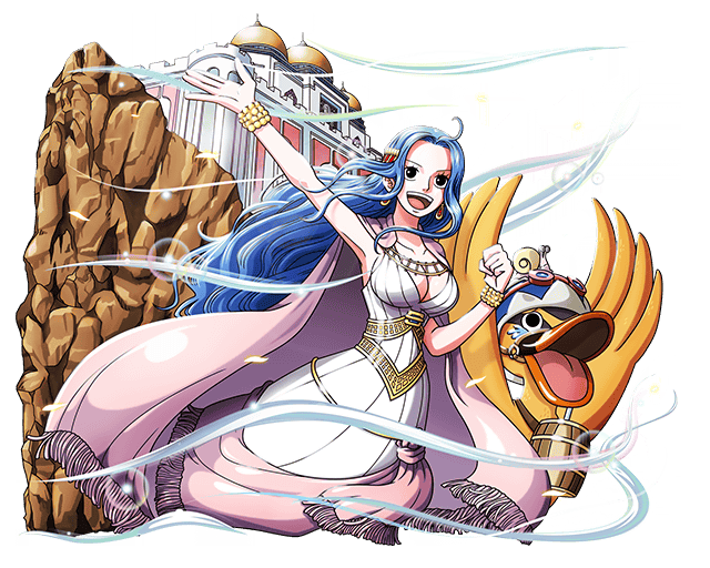 1girl :d ahoge arm_up armpits blue_hair bracelet breasts brown_eyes cape cleavage collarbone dress earrings floating_hair hair_ornament jewelry large_breasts long_hair nefertari_vivi one_piece open_mouth sleeveless sleeveless_dress smile solo standing transparent_background very_long_hair white_dress