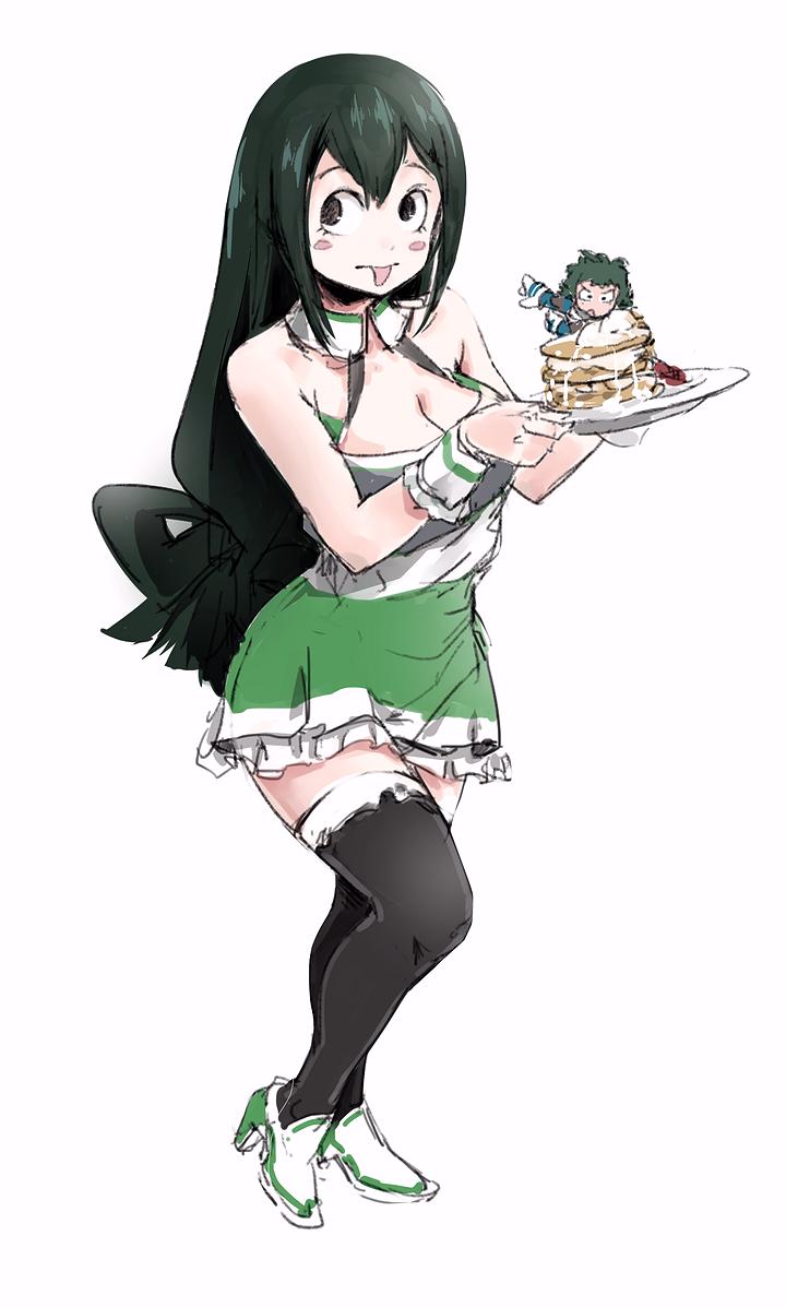 1boy 1girl :p alternate_costume asui_tsuyu bare_arms black_hair blush_stickers boku_no_hero_academia breasts cleavage dress food full_body green_hair high_heels long_hair medium_breasts midoriya_izuku pancake plate relaxjon simple_background sleeveless thigh-highs tongue tongue_out waitress white_background