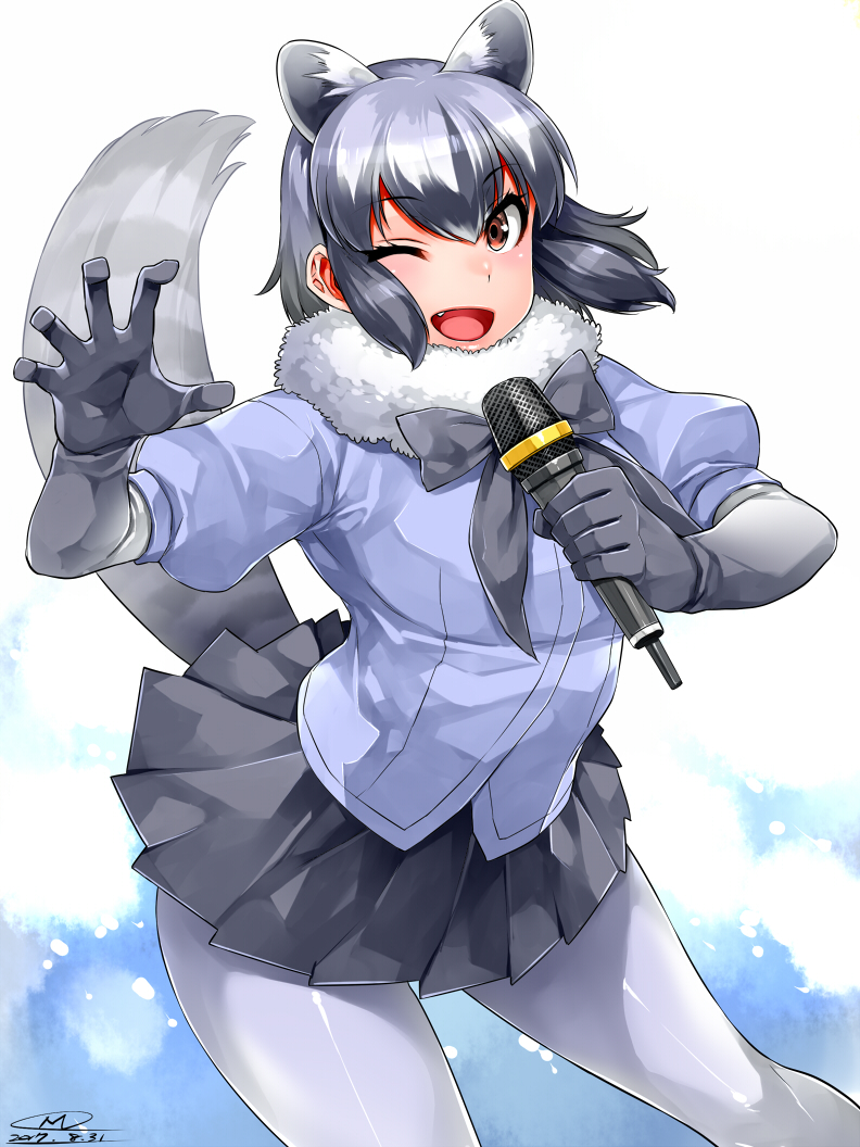 1girl 2017 ;d animal_ears black_hair black_skirt blue_background blue_shirt bow bowtie brown_eyes common_raccoon_(kemono_friends) cowboy_shot dated extra_ears eyebrows_visible_through_hair fang fur_collar gloves grey_bow grey_bowtie grey_gloves grey_hair hand_up happa_(cloverppd) holding holding_microphone kemono_friends long_hair looking_at_viewer microphone miniskirt multicolored_hair one_eye_closed open_mouth pantyhose pleated_skirt raccoon_ears raccoon_tail shirt short_sleeves signature skirt smile solo tail white_background white_legwear