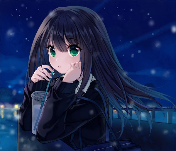 1girl backlighting bag bangs black_hair blush cardigan cup drinking_straw eyebrows_visible_through_hair hair_between_eyes hand_on_own_cheek idolmaster idolmaster_cinderella_girls leaning_against_railing long_hair long_sleeves looking_at_viewer night night_sky parted_lips pf railing school_bag shibuya_rin sky snowing solo tareme upper_body wing_collar winter