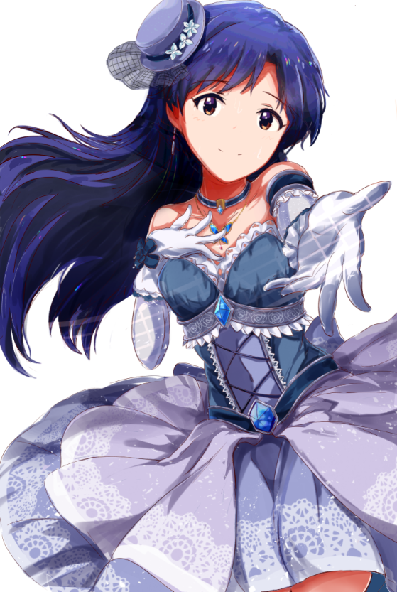 1girl blue_hair blue_hat breasts brown_eyes cowboy_shot detachedlseves dress floating_hair gloves grey_dress grey_gloves hat idolmaster idolmaster_one_for_all jewelry kisaragi_chihaya long_hair looking_at_viewer mini_hat necklace outstretched_arm ryuusei_(ryuse1116) simple_background sleeveless sleeveless_dress small_breasts smile solo sparkle standing strapless strapless_dress very_long_hair white_background