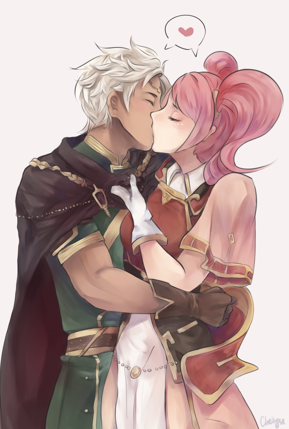 1boy boey_(fire_emblem) cape circlet closed_eyes couple dark_skin dark_skinned_male fire_emblem fire_emblem_echoes:_mou_hitori_no_eiyuuou gloves highres kiss long_hair mae_(fire_emblem) male_focus pink_hair simple_background twintails white_hair