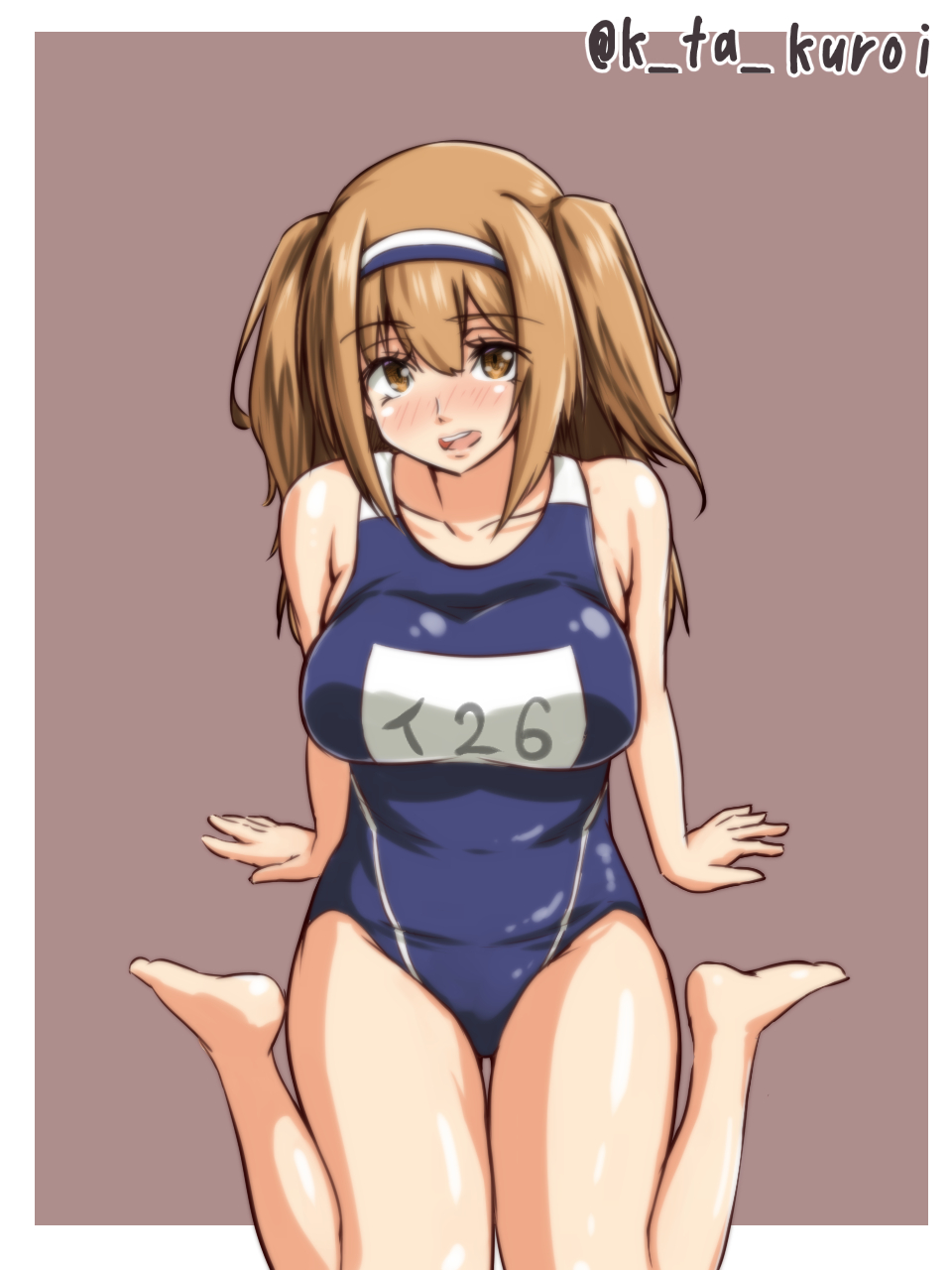 10s 1girl bare_shoulders barefoot breasts collarbone commentary_request hairband highres i-26_(kantai_collection) kantai_collection kuroi_k-ta large_breasts light_brown_eyes light_brown_hair long_hair looking_at_viewer name_tag new_school_swimsuit open_mouth school_swimsuit simple_background sitting smile solo swimsuit two-tone_hairband two_side_up wariza