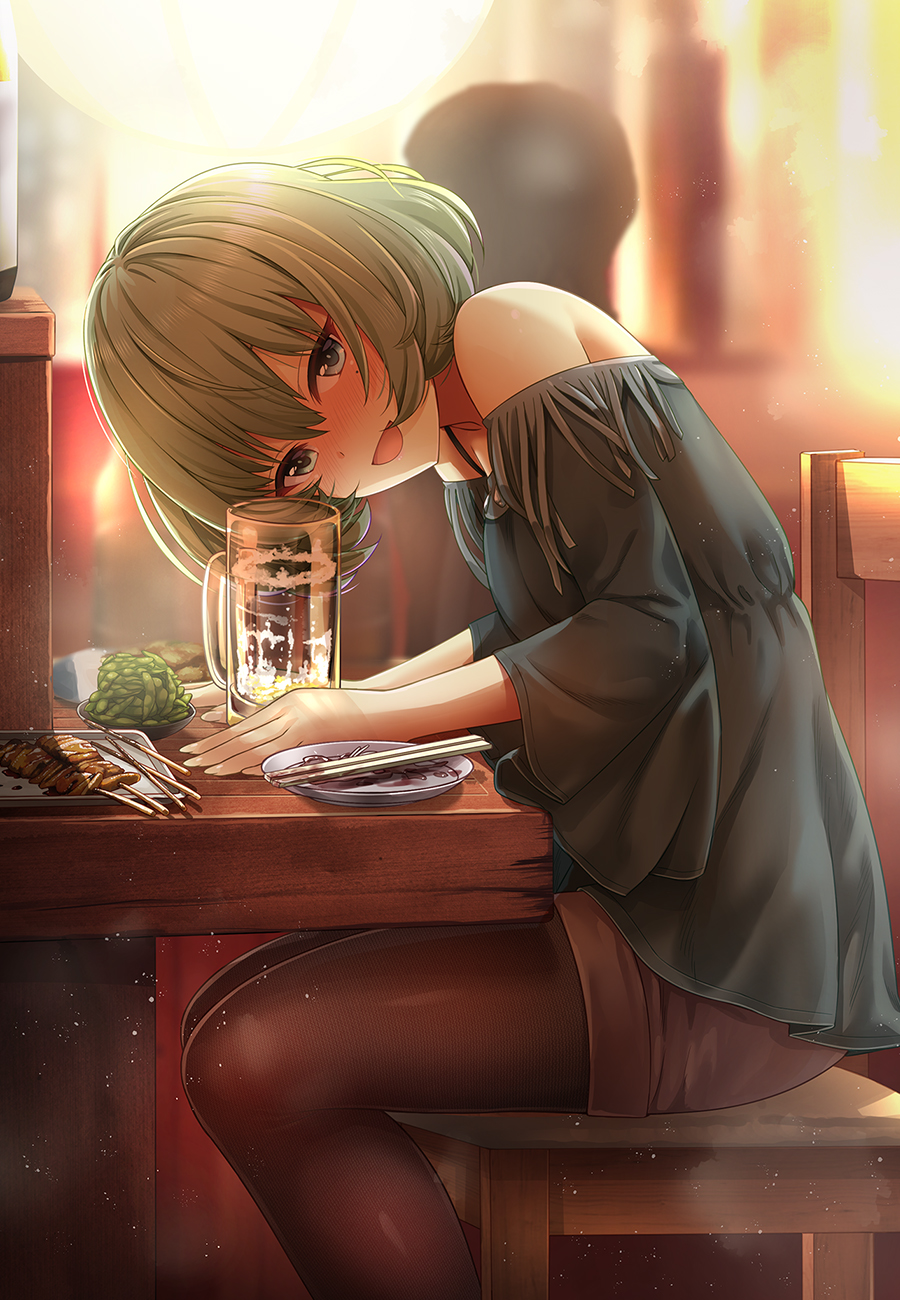 1girl :d alcohol backlighting bare_shoulders beans beer beer_mug black_shirt blue_eyes blurry blurry_background blush brown_legwear brown_shorts chair chopsticks drunk fine_fabric_emphasis food fringe full-face_blush green_eyes green_hair heterochromia highres idolmaster idolmaster_cinderella_girls kazu leaning_forward looking_at_viewer looking_to_the_side meat mole mole_under_eye off-shoulder_shirt open_mouth pantyhose pantyhose_under_shorts plate shirt short_hair shorts silhouette sitting smile solo_focus table takagaki_kaede tsurime wooden_chair wooden_table