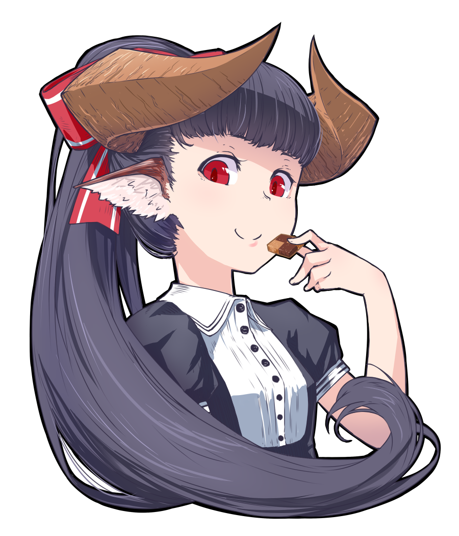 1girl animal_ears black_hair checkerboard_cookie closed_mouth cookie food hair_ribbon holding holding_food horned_girl_(jaco) horns jaco long_hair looking_at_viewer original ponytail puffy_short_sleeves puffy_sleeves red_eyes ribbon short_sleeves simple_background slit_pupils smile solo upper_body white_background