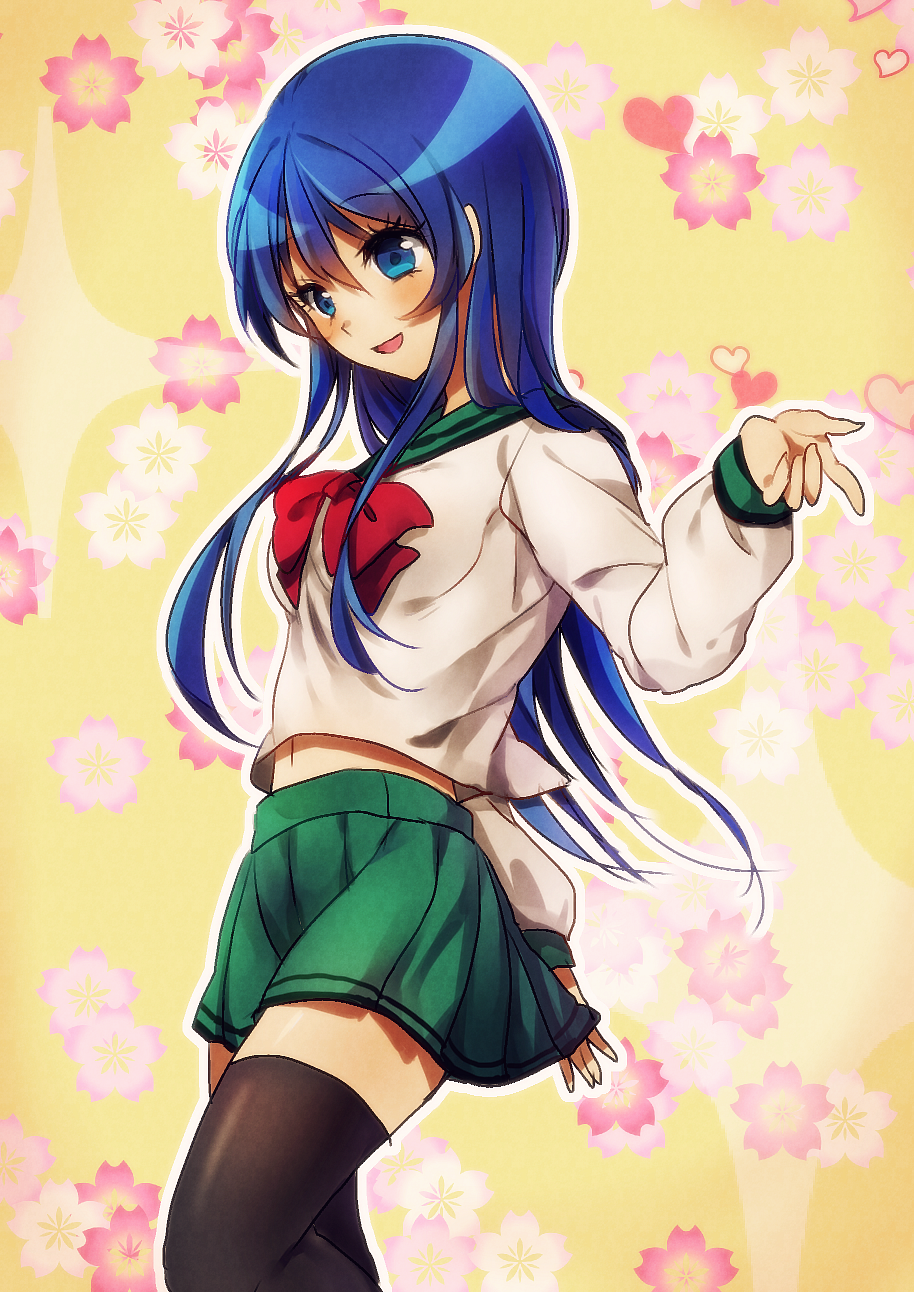 1girl :d bangs black_legwear blue blue_hair blush bow bowtie eyebrows_visible_through_hair eyes floating_hair flower grey_shirt hair_between_eyes highres long_hair midriff miniskirt navel open_mouth pleated_skirt red_bow saiki_kusuo_no_psi_nan school_uniform shirt skirt smile solo standing stomach teruhashi_kokomi thigh-highs tyeinn-suineryuu very_long_hair zettai_ryouiki