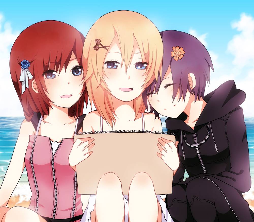 blonde_hair blue_eyes breasts coat dress jewelry kairi_(kingdom_hearts) karudoll kingdom_hearts kingdom_hearts_ii multiple_girls namine necklace redhead short_hair siblings skirt source_request twins xion_(kingdom_hearts)